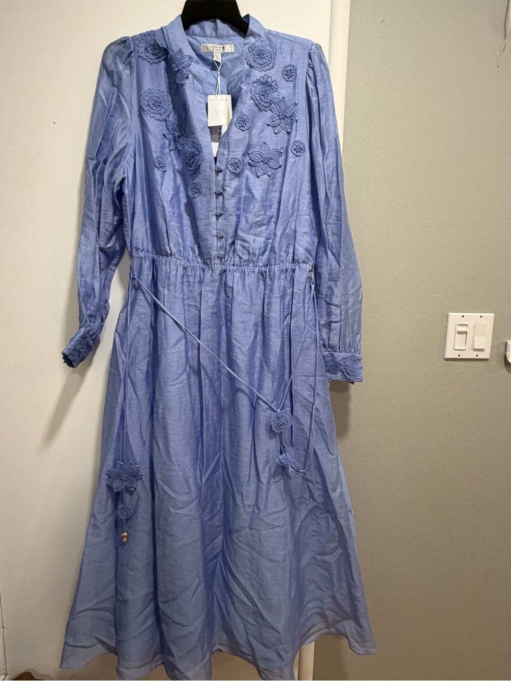 NWT Ever New Yasmin Blue Floral Appliqué Linen Midi Dress 14